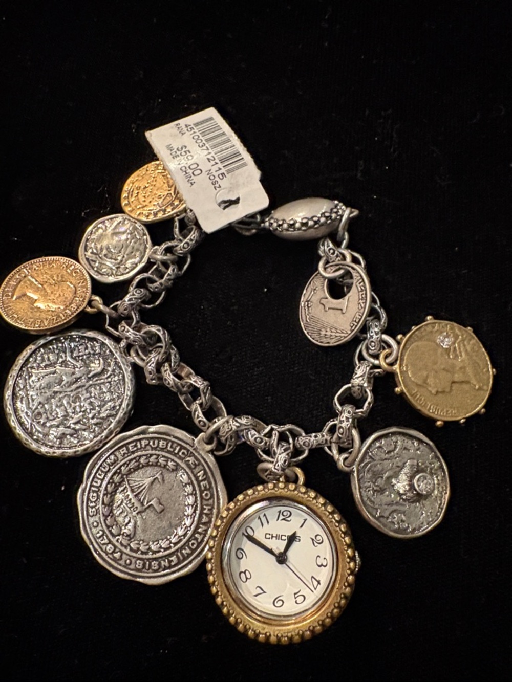 Chico's Two-Tone Coin Charm Watch Bracelet in Gold & Silver